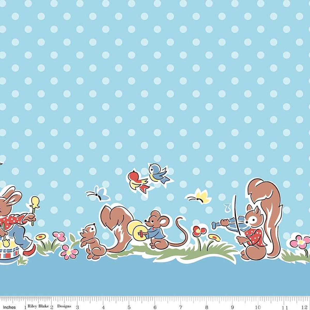 Image of the Love Notes Border Print Blue quilting cotton fabric by Riley Blake Designs. Features animals on a blue background. Cute Little Fabric Shop
