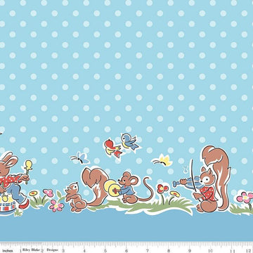 Image of the Love Notes Border Print Blue quilting cotton fabric by Riley Blake Designs. Features animals on a blue background. Cute Little Fabric Shop