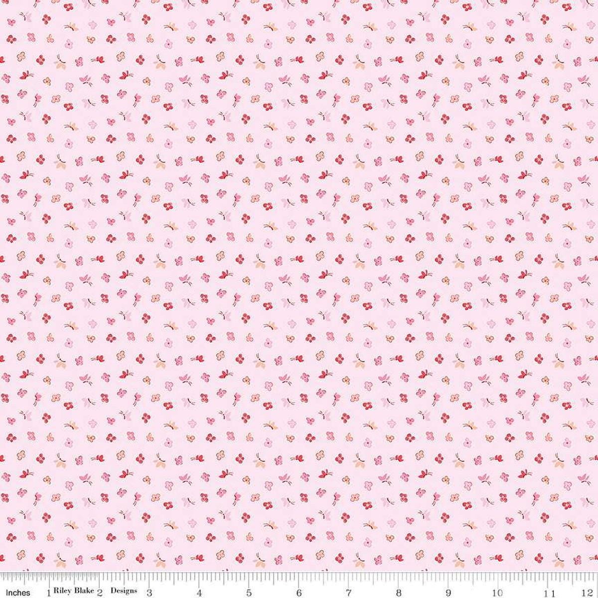 Image of the Love Notes Butterfly Floral Soft Pink quilting cotton fabric by Riley Blake Designs. Features butterflies on a pink background. Cute Little Fabric Shop