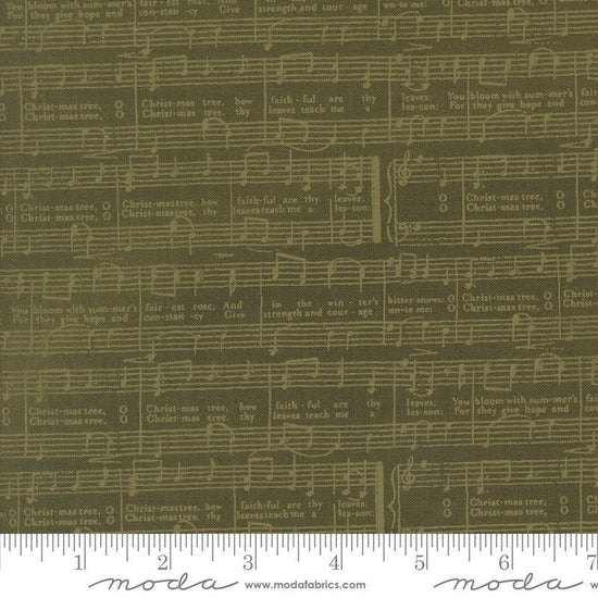 Image of the Berry and Pine Notes Wintergreen quilting cotton fabric by Moda Fabrics. Features music notes on a green background. Cute Little Fabric Shop