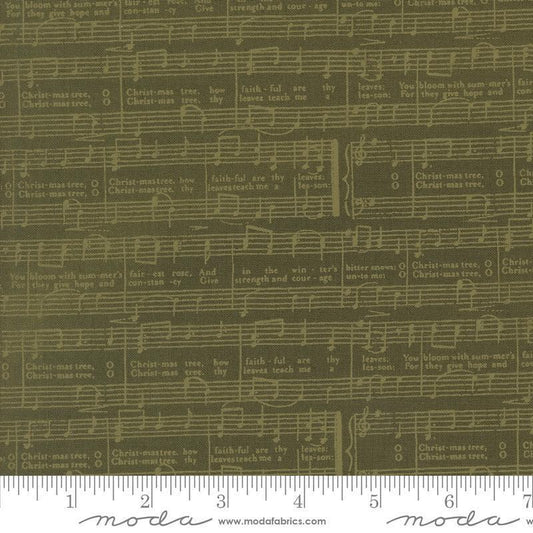Image of the Berry and Pine Notes Wintergreen quilting cotton fabric by Moda Fabrics. Features music notes on a green background. Cute Little Fabric Shop
