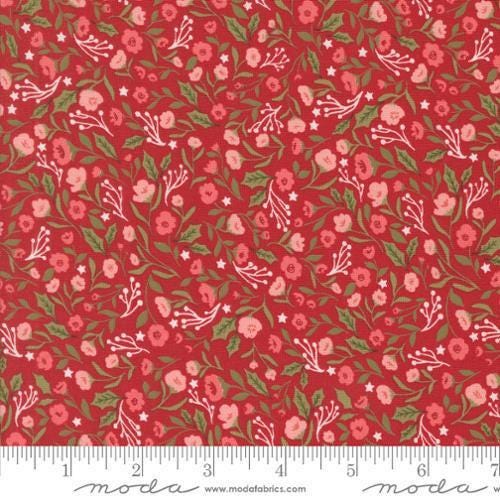 Image of the Berry and Pine Posies Cranberry quilting cotton fabric by Moda Fabrics. Features flowers on a red background. Cute Little Fabric Shop