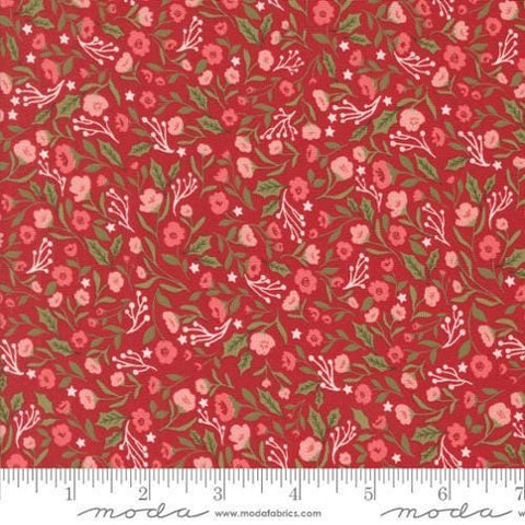 Image of the Berry and Pine Posies Cranberry quilting cotton fabric by Moda Fabrics. Features flowers on a red background. Cute Little Fabric Shop