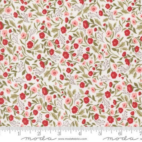 Image of the Berry and Pine Posies Snow quilting cotton fabric by Moda Fabrics. Features flowers on a cream background. Cute Little Fabric Shop