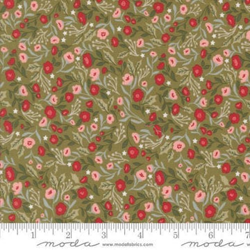 Image of the Berry and Pine Posies Sage quilting cotton fabric by Moda Fabrics. Features flowers on a green background. Cute Little Fabric Shop