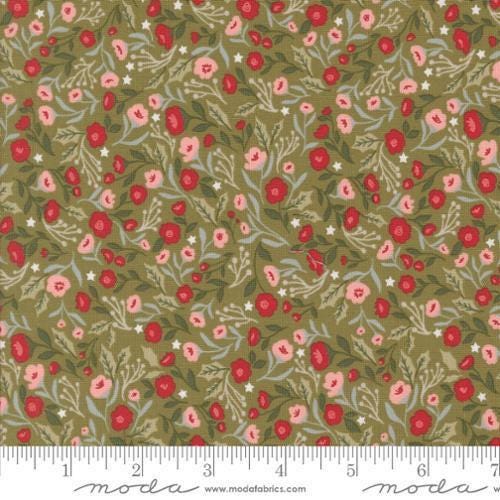 Image of the Berry and Pine Posies Sage quilting cotton fabric by Moda Fabrics. Features flowers on a green background. Cute Little Fabric Shop
