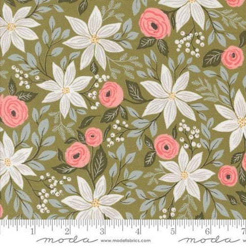 Image of the Berry and Pine Florals Sage quilting cotton fabric by Moda Fabrics. Features flowers on a sage background. Cute Little Fabric Shop