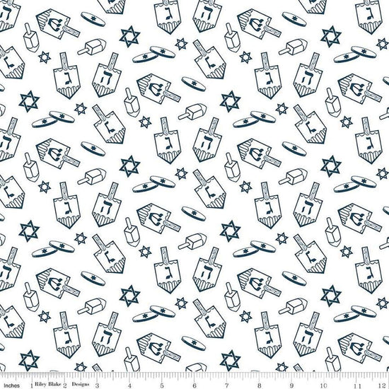 Image of the 8 Nights, 8 Lights Dreidel Toss White quilting cotton fabric by Riley Blake Designs. Features dreidels on a white background. Cute Little Fabric Shop