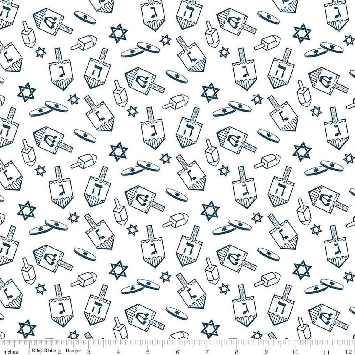 Image of the 8 Nights, 8 Lights Dreidel Toss White quilting cotton fabric by Riley Blake Designs. Features dreidels on a white background. Cute Little Fabric Shop