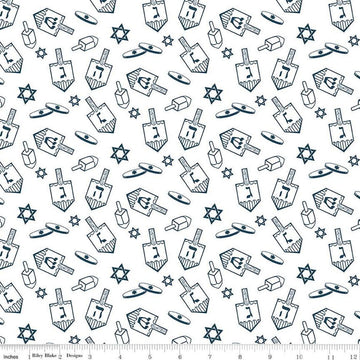 Image of the 8 Nights, 8 Lights Dreidel Toss White quilting cotton fabric by Riley Blake Designs. Features dreidels on a white background. Cute Little Fabric Shop
