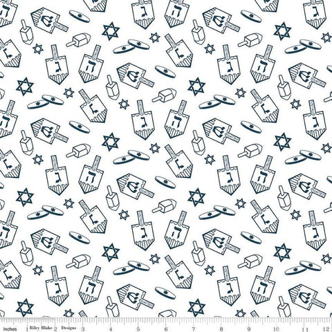 Image of the 8 Nights, 8 Lights Dreidel Toss White quilting cotton fabric by Riley Blake Designs. Features dreidels on a white background. Cute Little Fabric Shop