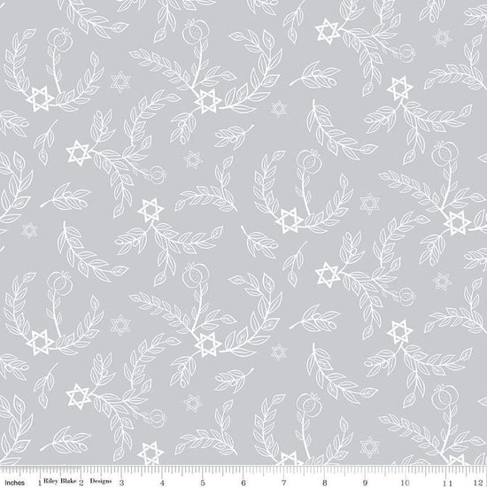 Image of the 8 Nights, 8 Lights Leaves Silver quilting cotton fabric by Riley Blake Designs. Features leaves on a silver background. Cute Little Fabric Shop