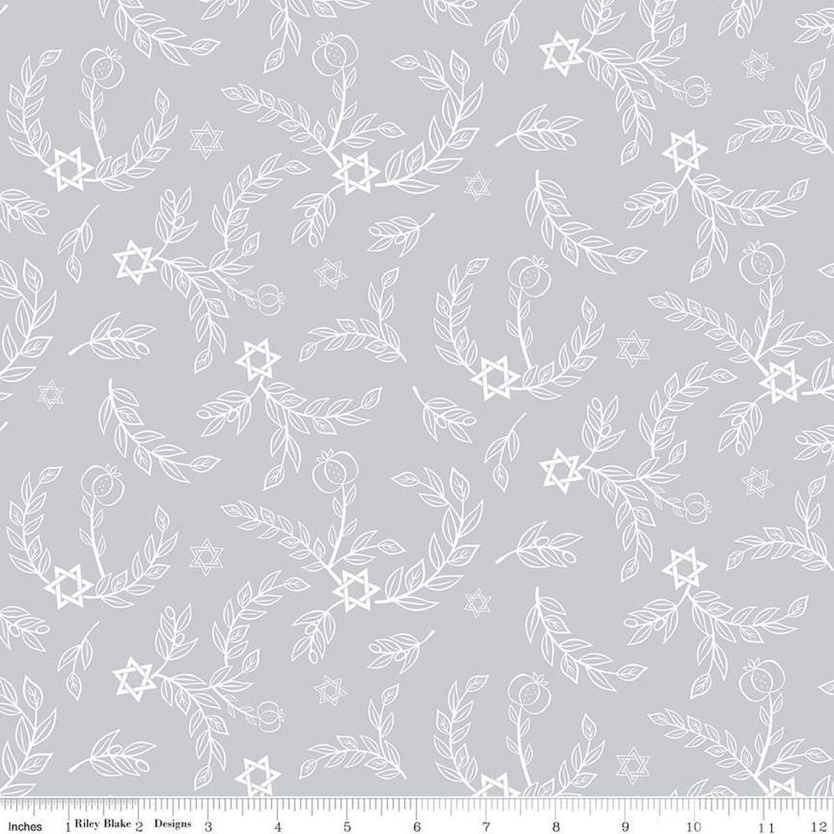 Image of the 8 Nights, 8 Lights Leaves Silver quilting cotton fabric by Riley Blake Designs. Features leaves on a silver background. Cute Little Fabric Shop