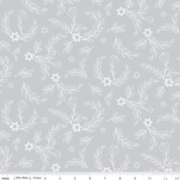 Image of the 8 Nights, 8 Lights Leaves Silver quilting cotton fabric by Riley Blake Designs. Features leaves on a silver background. Cute Little Fabric Shop