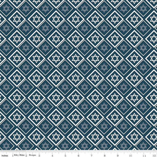 Image of the 8 Nights, 8 Lights Star of David Navy quilting cotton fabric by Riley Blake Designs. Features stars on a navy background. Cute Little Fabric Shop