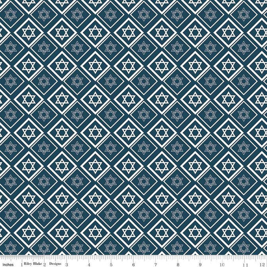 Image of the 8 Nights, 8 Lights Star of David Navy quilting cotton fabric by Riley Blake Designs. Features stars on a navy background. Cute Little Fabric Shop