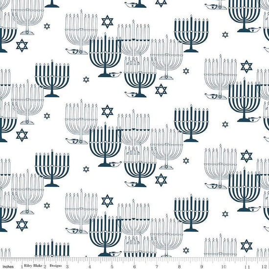 Image of the 8 Nights, 8 Lights Main White quilting cotton fabric by Riley Blake Designs. Features stars on a white background. Cute Little Fabric Shop