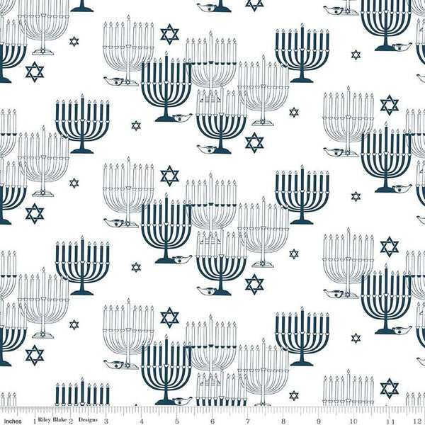 Image of the 8 Nights, 8 Lights Main White quilting cotton fabric by Riley Blake Designs. Features stars on a white background. Cute Little Fabric Shop