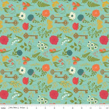 Image of the First Blooms Pressed Flowers Glacier quilting cotton fabric by Riley Blake Designs. Features flowers on a blue background. Cute Little Fabric Shop