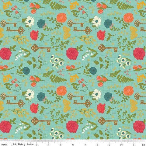 Image of the First Blooms Pressed Flowers Glacier quilting cotton fabric by Riley Blake Designs. Features flowers on a blue background. Cute Little Fabric Shop