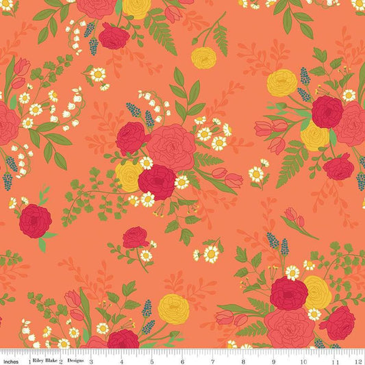 Image of the First Blooms Main Orange quilting cotton fabric by Riley Blake Designs. Features flowers on an orange background. Cute Little Fabric Shop
