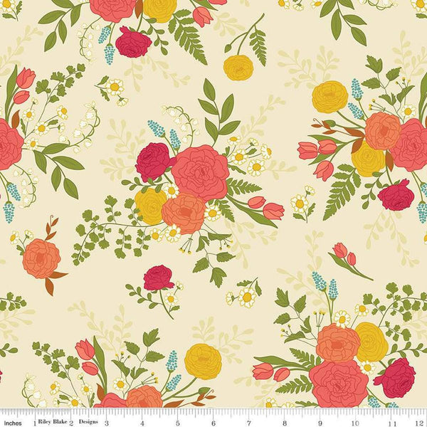 Image of the First Blooms Main Vanilla quilting cotton fabric by Riley Blake Designs. Features flowers on a cream background. Cute Little Fabric Shop