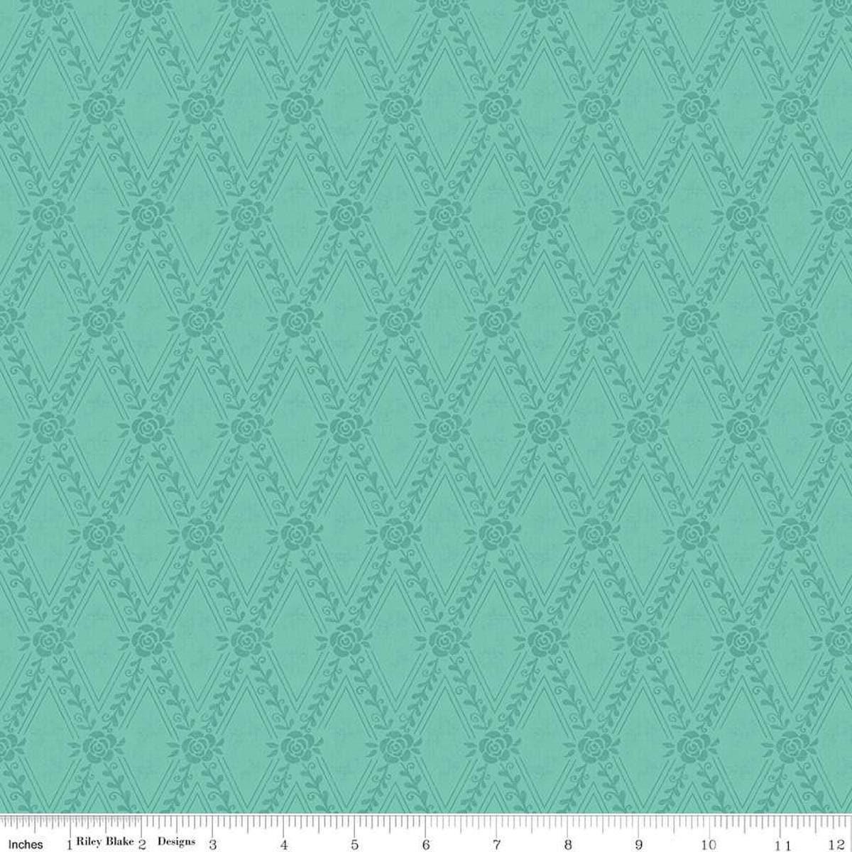 Image of the First Blooms Diamonds Glacier quilting cotton fabric by Riley Blake Designs. Features diamonds on a teal background. Cute Little Fabric Shop