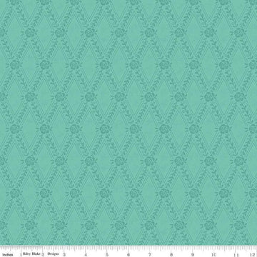 Image of the First Blooms Diamonds Glacier quilting cotton fabric by Riley Blake Designs. Features diamonds on a teal background. Cute Little Fabric Shop