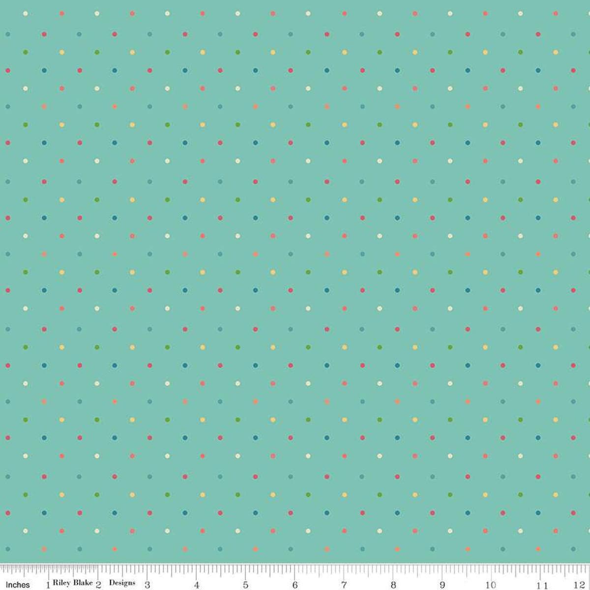 Image of the First Blooms Dots Glacier quilting cotton fabric by Riley Blake Designs. Features dots on a teal background. Cute Little Fabric Shop
