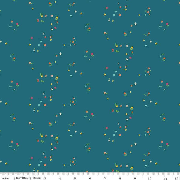 Image of the First Blooms Mini Blooms Denim quilting cotton fabric by Riley Blake Designs. Features flowers on a blue background. Cute Little Fabric Shop