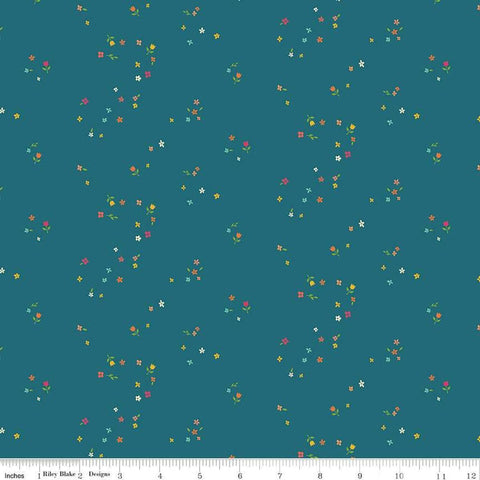 Image of the First Blooms Mini Blooms Denim quilting cotton fabric by Riley Blake Designs. Features flowers on a blue background. Cute Little Fabric Shop