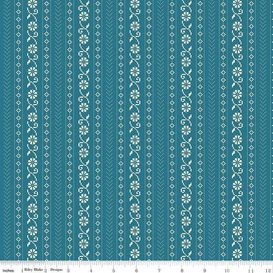 Image of the First Blooms Stitch Denim quilting cotton fabric by Riley Blake Designs. Features stripes on a blue background. Cute Little Fabric Shop