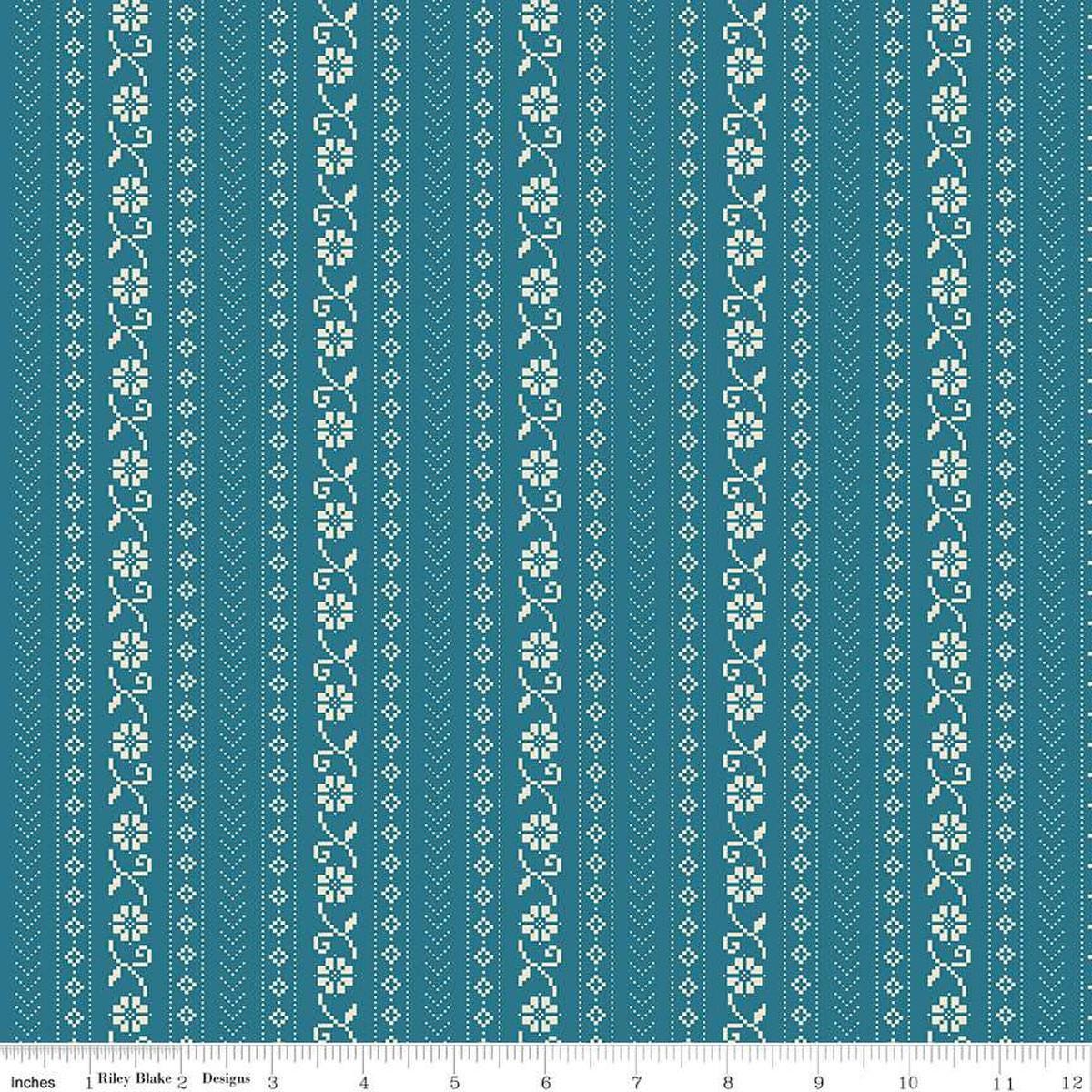 Image of the First Blooms Stitch Denim quilting cotton fabric by Riley Blake Designs. Features stripes on a blue background. Cute Little Fabric Shop