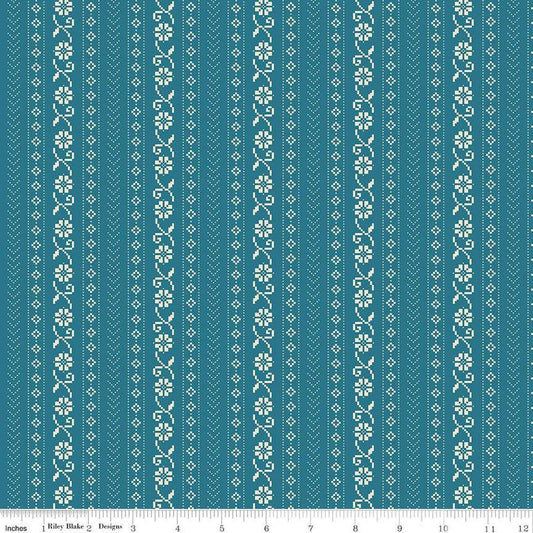 Image of the First Blooms Stitch Denim quilting cotton fabric by Riley Blake Designs. Features stripes on a blue background. Cute Little Fabric Shop