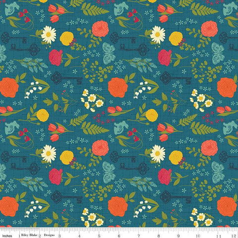 Image of the First Blooms Pressed Flowers Denim quilting cotton fabric by Riley Blake Designs. Features flowers on a blue background. Cute Little Fabric Shop