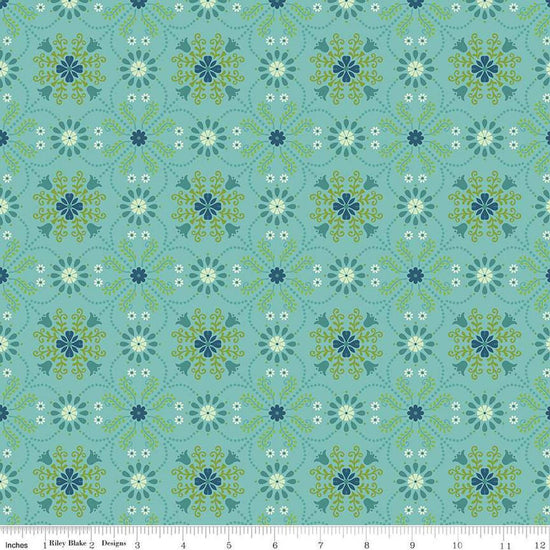 Image of the First Blooms Medallions Glacier quilting cotton fabric by Riley Blake Designs. Features flowers on a mint background. Cute Little Fabric Shop