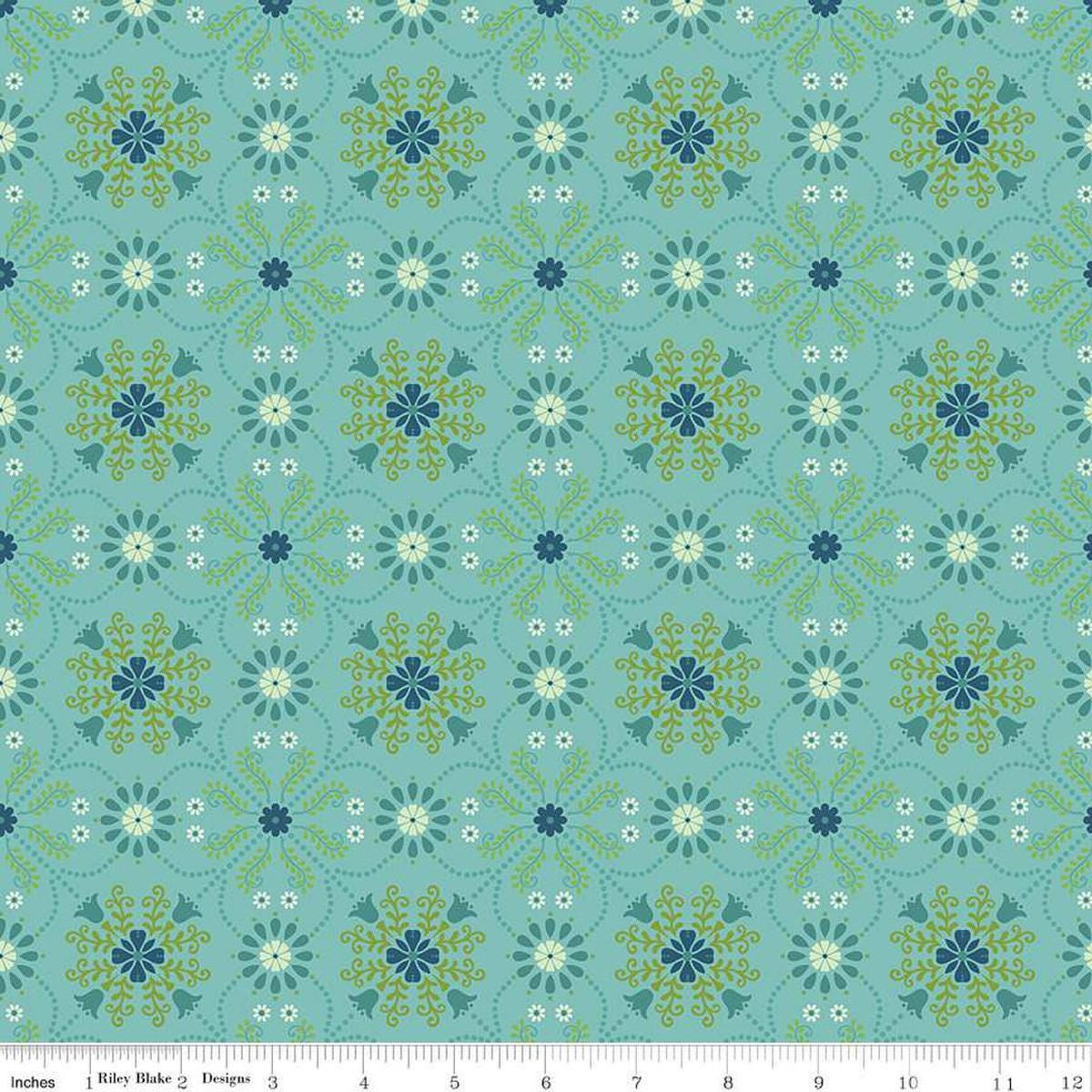 Image of the First Blooms Medallions Glacier quilting cotton fabric by Riley Blake Designs. Features flowers on a mint background. Cute Little Fabric Shop