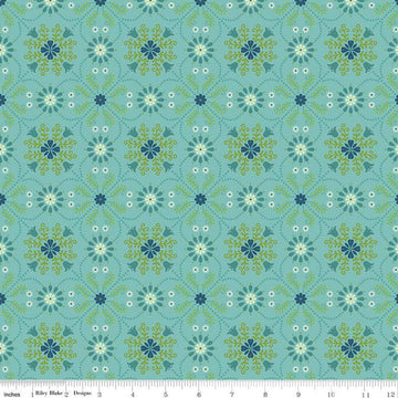 Image of the First Blooms Medallions Glacier quilting cotton fabric by Riley Blake Designs. Features flowers on a mint background. Cute Little Fabric Shop