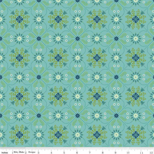 Image of the First Blooms Medallions Glacier quilting cotton fabric by Riley Blake Designs. Features flowers on a mint background. Cute Little Fabric Shop