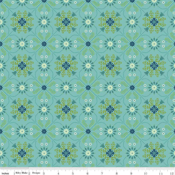 Image of the First Blooms Medallions Glacier quilting cotton fabric by Riley Blake Designs. Features flowers on a mint background. Cute Little Fabric Shop