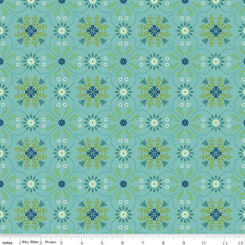 Image of the First Blooms Medallions Glacier quilting cotton fabric by Riley Blake Designs. Features flowers on a mint background. Cute Little Fabric Shop