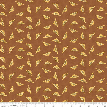 Image of the Friends of Smokey Bear Hat Toss Sienna quilting cotton fabric. Features hats on a brown background. Cute Little Fabric Shop