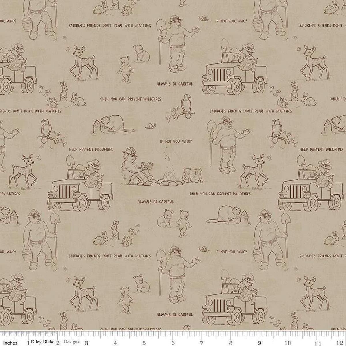 Image of the Friends of Smokey Bear Outlines Sand quilting cotton fabric. Features animals on a cream background. Cute Little Fabric Shop