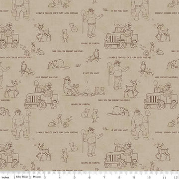 Image of the Friends of Smokey Bear Outlines Sand quilting cotton fabric. Features animals on a cream background. Cute Little Fabric Shop