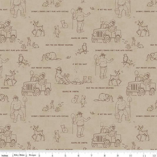 Image of the Friends of Smokey Bear Outlines Sand quilting cotton fabric. Features animals on a cream background. Cute Little Fabric Shop