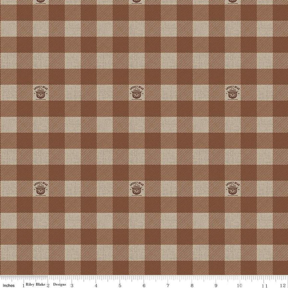 Image of the Friends of Smokey Bear Buffalo Check Brown quilting cotton fabric. Features gingham on a brown background. Cute Little Fabric Shop