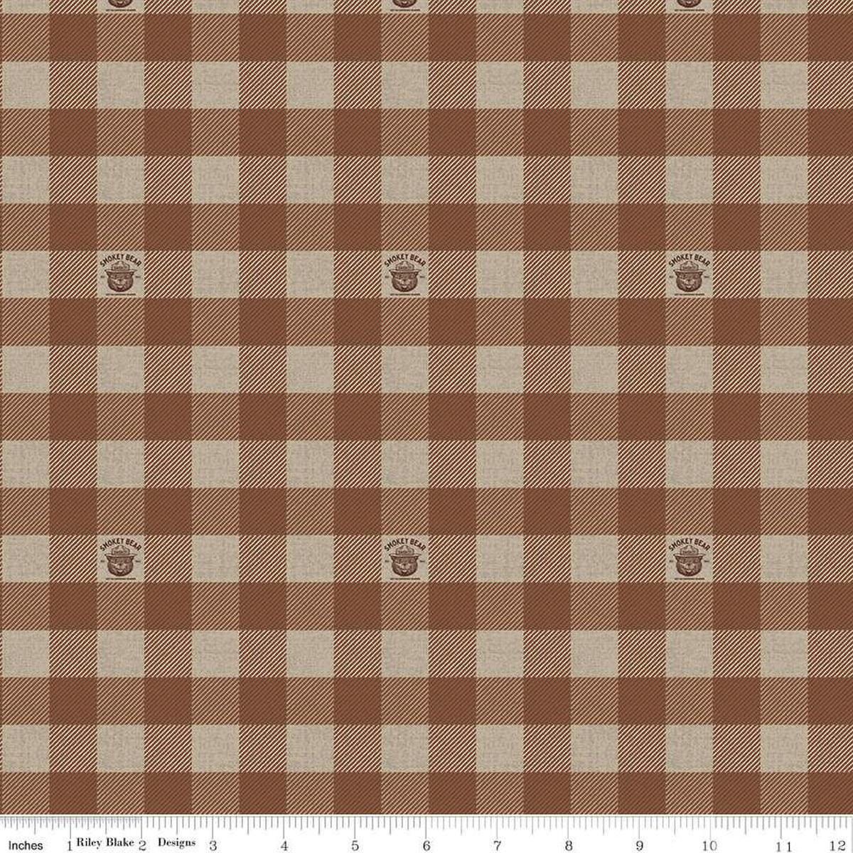 Image of the Friends of Smokey Bear Buffalo Check Brown quilting cotton fabric. Features gingham on a brown background. Cute Little Fabric Shop
