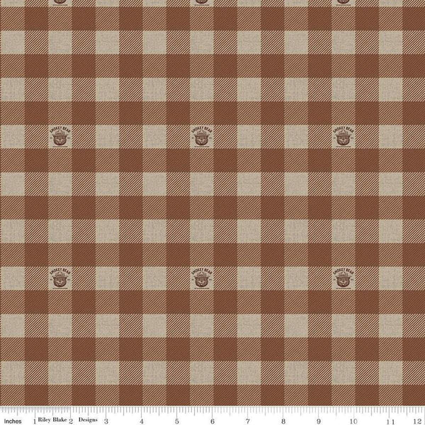 Image of the Friends of Smokey Bear Buffalo Check Brown quilting cotton fabric. Features gingham on a brown background. Cute Little Fabric Shop