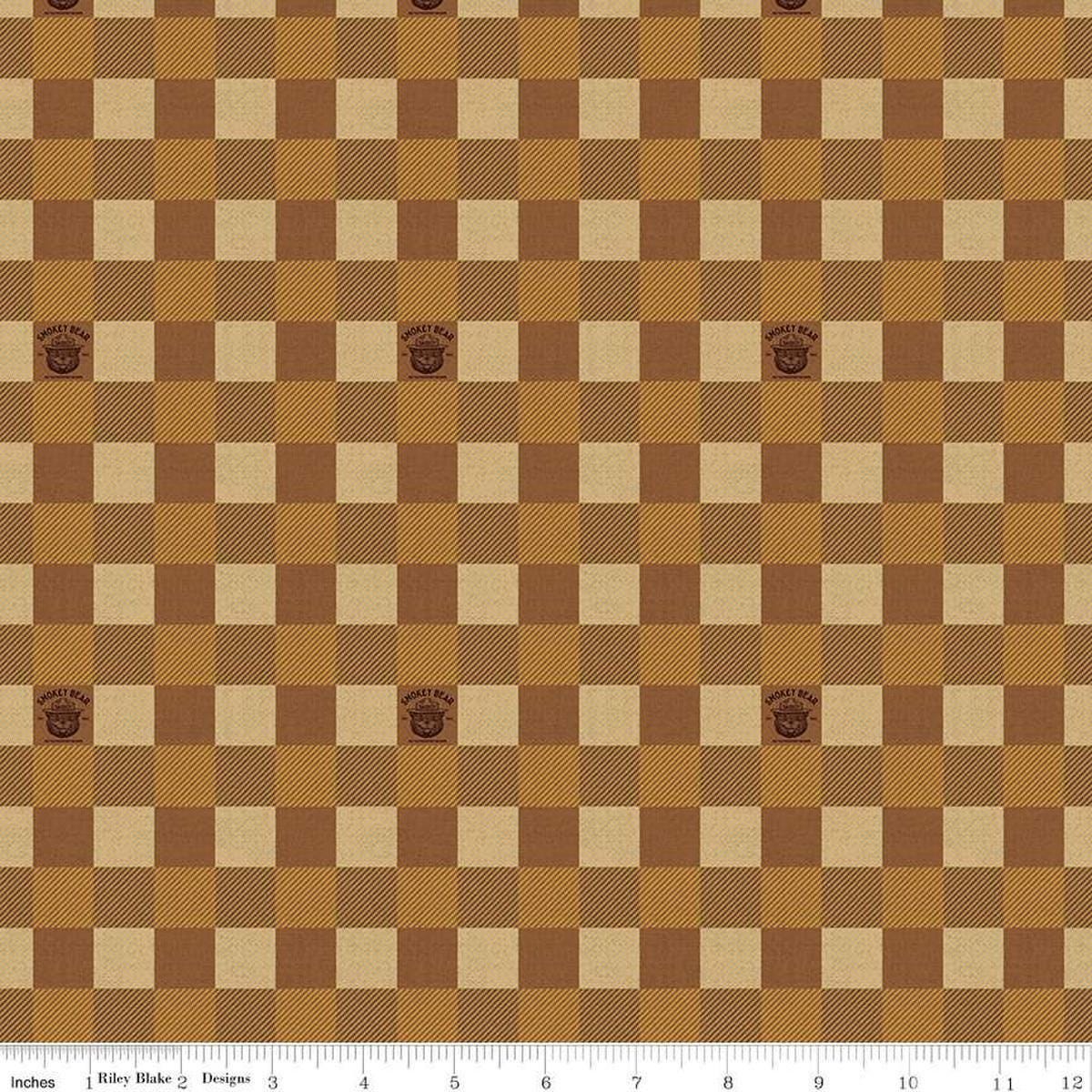 Image of the Friends of Smokey Bear Buffalo Check Sienna quilting cotton fabric. Features gingham on a brown background. Cute Little Fabric Shop