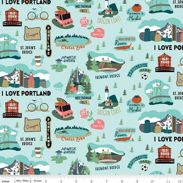 Oregon Main Aqua C7580 Blue - Riley Blake Designs - Willamette River Bridges Food Trucks The Rose City - Quilting Cotton Fabric